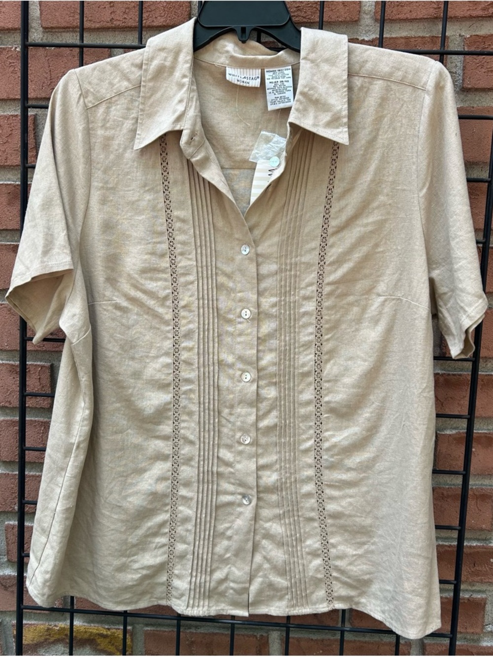 Vintage Light Tan Button-Up Short Sleeve Linen Blouse NWT
